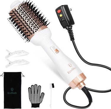Hair Blow Dryer Brush EcoSheek - 4 in 1 Volumizer, Ceramic &amp; Ionic, Anti-Frizz, Titanium Barrel, ALCI Plug, 1.3 lbs, 1.83 in Handle, 2.83 in Comb