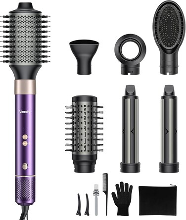 7 in 1 Blow Dryer Brush and Hair Dryer, Hot Hair Styler with Negative Ion 110,000 RPM Hair Straightener Brush for Fast Drying Straightening Curling Voluming, Suitable for All Types,Purple
