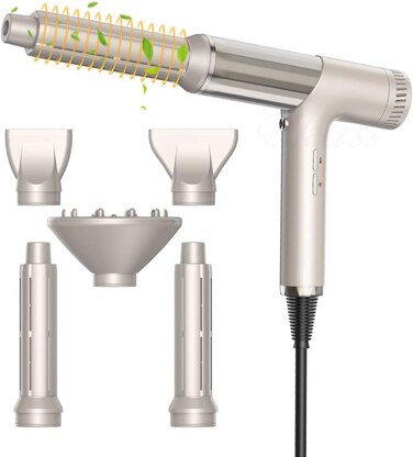 High-Speed Hair Styler and Drying Brush - 110000 RPM Hot Air Brush with Diffuser, Concentrator Attachment, and Oval Curling Wand (silver)