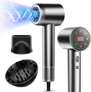 Hair Dryer, 160000 RPM Professional High Speed Ionic Blow Dryer for Fast Drying, 5 Temps/3 Speeds Lightweight Hairdryer with Magnetic Diffuser for Curly Hair for Home Travel Salon, Silver