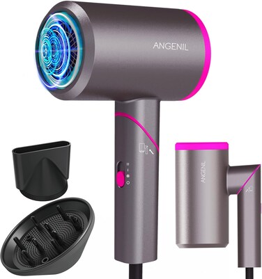 ANGENIL Hair Dryer Ionic Blow Dryer, Magnetic Nozzle &amp; Diffuser Hair Dryer for Curly Hair, Fast Drying Low Noise, Professional Travel Hair Dryer, Foldable Handle, 3 Constant Temp Without Hair Damage