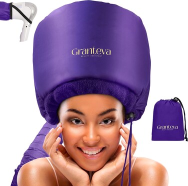 Bonnet Hair Dryer w/A Headband Integrated That Reduces Heat Around Ears &amp; Neck - Hair Dryer Diffuser Cap for Hair Dryer Curly Hair, Speeds Up Drying Time, Deep Conditioning at Home - Large (Purple)