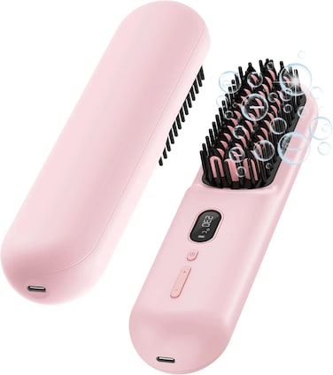 Cordless Hair Straightener Brush, Mini Portable Straightening Comb for Travel, USB-C Rechargeable, 12-Temp Settings, 30s Fast Heating, Negative Ions Smoother, 2 Hair Clips, Gift for Women, Pink