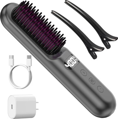 YFG Cordless Hair Straightener Brush, 10000mAh Rechargeable Battery, Ionic Thermal Wireless Hair Straightening Comb (Grey)
