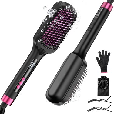 Hair Straightener Brush, 30s Fast Heated Negative Ionic Hair Straightening Brush, Global Voltage, 16 Temp Modes, Anti-Frizz &amp; Anti-Scald &amp; Auto Temperature Lock &amp; Auto-Off Function-Black