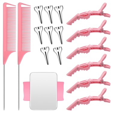 Hair Styling Tools Set - 17 Pieces Including Sectioning Rings, Tail Combs, Clips, and Wrist Pin Holder for Braiding (Pink)
