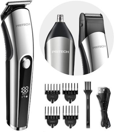 PRITECH Beard Trimmer for Men, 3 in 1 Hair Trimmer for Men Kit, Nose Ear Trimmer, Micro Shaver, Mens Grooming Set Cordless with LED Display IPX6 Waterproof (Silver)