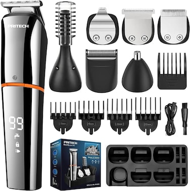 PRITECH Beard Trimmer for Men, 6 in 1 Beard Trimmer Kit, Electric Beard Trimmer with Hair, Precision, Body, Nose, Foil Razor, Grooming Kit Waterproof IPX6 (Silver)