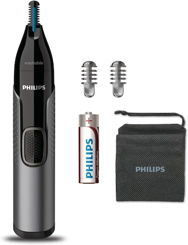 Philips Nose Trimmer Nt3650/16, Nose, Ear &amp; Eyebrow Trimmer with Protective Guard System, Fully Washable, Including AA Battery, 2 Eyebrow Combs, Pouch (Gray)