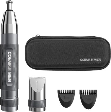Conair Men Ear, Nose, and Eyebrow Trimmer, Patent 360 Bevel Blade for No Pull, No Snag Trimming Experience, 5-piece Kit with Travel Case
