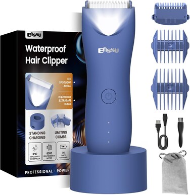 ENSSU Body Hair Trimmer for Men with LED Light, Rechargeable Pubic Hair Trimmer for Men with Charging Indicator, Waterproof Ball Trimmer Men Body Groomer with Charging Dock, Blue