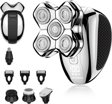 Magnetic Detachable Head Shavers for Bald Men, MAXGROOM 5 in 1 Waterproof 5D Head Razor for Men, Wet/Dry Shaving with LED Display, USB Rechargeable &amp; Travel Pouch, Silver