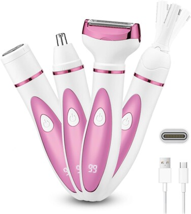 Electric Razor for Women, Bikini Trimmer Womens Shaver for Face Nose Eyebrow Body Leg Pubic Underarm Arm Ladies Rechargeable 4 in 1 Hair Removal Kit Painless Trimming, Gifts for Women