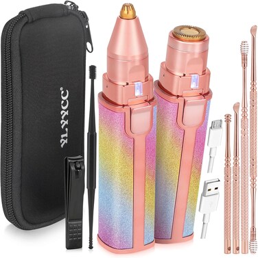 Facial Hair Removal for Women, Electric 2 in 1 Face Shaver and Eyebrow Trimmer, Ear Wax Removal Tool with Storage Box, Rechargeable Nose Hair Trimmer for Women with Built-in LED Light