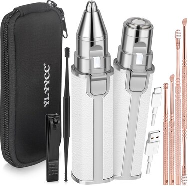 Nose Hair Trimmer for Women Men, Electric 2 in 1 Face Shaver and Eyebrow Trimmer, Ear Wax Removal Tool with Storage Box, White Rechargeable Facial Hair Remover with Built-in LED Light