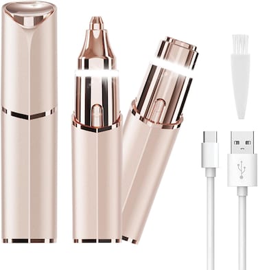 Facial Hair Removal Eyebrow Trimmer - Facial Shaver Device 2 in 1 Remover for Face Peach Fuzz Eyebrow Nose Ear Hair Chin Lips Armpit with LED Light Rechargeable for Women Men Travel Size (Gold)