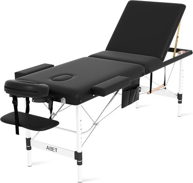 ABET Massage Table, 3 Fold Portable Professional Lash Tattoo Spa Bed, Height Adjustable 23.5" Wide Compact Facial Table with Detachable Oil Pocket Towel Rod Face Cradle Armrest, Aluminum Feet &amp; Black