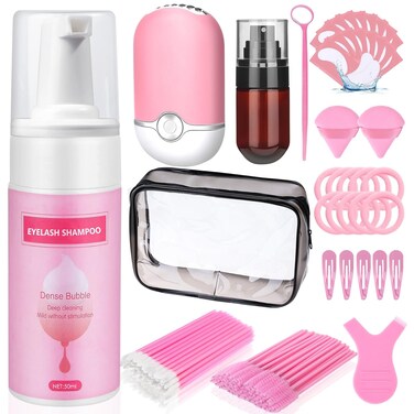 Lash Shampoo for Lash Extensions with Makeup bag, Gentle Mousse Lash Shampoo Deep Clean, Lash Wash for Eyelash Extensions with Air Conditioning Fan, Lash Cleaning Kit with Brush for Salon &amp; Home Use