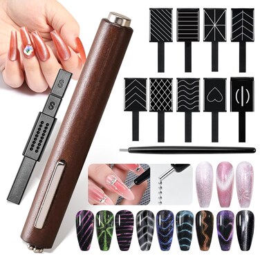Nail Magnet Tool Set, 12 Pieces Cat Eye Gel Nail Magnet Tool Set, 3 in 1 Multi-functional Powerful Attractive Nail Magnets Lines Flowers Plate Cat Eye Multiple Artistic Nail Designs