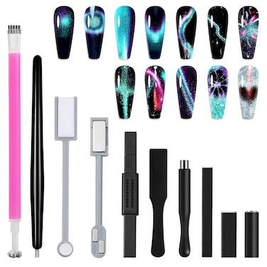 Allstarry 10pcs Nail Magnet Tool Set, Double-head Strong Suction Nail Magnet Stick Cat Eye Flower Design Nail Magnets Pen Plate Wand Board for 9D Strip Galaxy Magnetic Cat Eye Gel Nail Polish Nail Art