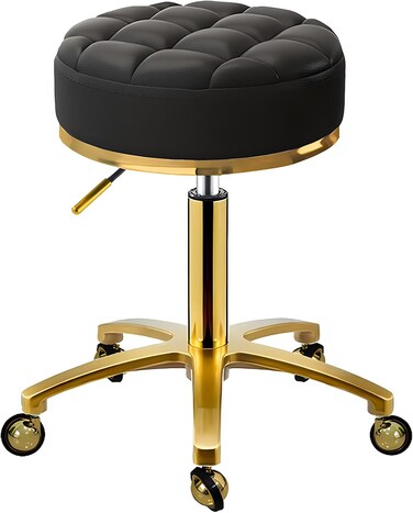 Gold Rolling Stool, Round Roller Swivel Chair, Pedicure Salon Spa Massage Stool with Wheels, PU Leather Seat Padded, Adjustable Vanity Stool 43-55 cm (Black)