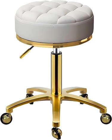 Gold Rolling Stool, Round Roller Swivel Chair, Pedicure Salon Spa Massage Stool with Wheels, PU Leather Seat Padded, Adjustable Vanity Stool 43-55 cm (White)