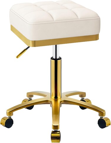 Square Rolling Stool Gold Adjustable Swivel Stools with Wheels, Vanity Lash Nail Salon Spa Roller Chair, Esthetician Massage Office Pedicure Stool, Heavy Duty Gold Plated Frame (White)