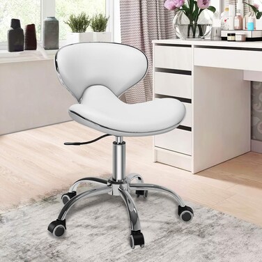 SALONFACTORY Adjustable Rolling Stool with Backrest,Drafting Spa Bar Medical Salon Tattoo Stool Chair with Wheels 360 Swivel,Heavy Duty,400lbs Weight Capacity,White