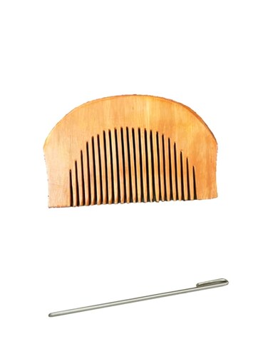 CLICK2GET Baaz Steel Turban Baaz and Wooden Kanga Comb Set for Sikhs, Set of 2, Medium, Silver