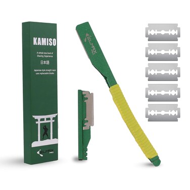 Kamiso Japanese Straight Edge Feather Barber Razor for men with 5 Double Edge100% Stainless Steel Blades, Salon Quality Cut Throat shavette, Single Edge Razor blade Holder