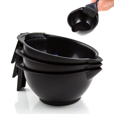 3 Black Salon Color Bowls with Measurements, Pour-Spout, Handle and Combed Edge