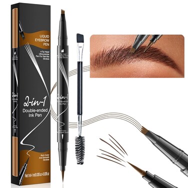 Microblading Eyebrow Pen Brow Pencil Waterproof Eyebrow Pen 2-in-1 Dual-Ended Eyebrow Pencil with 4-Fork Tip &amp; Spoolie Brush for Long-Lasting Hairlike Eyebrow Pen, Light Brown