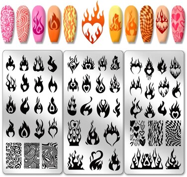 PH PandaHall 3pcs Love Flame Nail Art Stamping Plate, 54 Patterns Nail Art Stencils Fire Heart Nail Stamp Plate Stainless Steel Nail Image Plate for Valentine DIY Print Manicure Salon Nail Design
