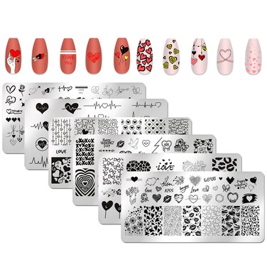 6pcs Valentine's Day Love Heart Nail Stamping Plate Nail Stamping Kit for Nails Love Heart Image Plates Nail Stamping Plate for Women Holiday Nail Art