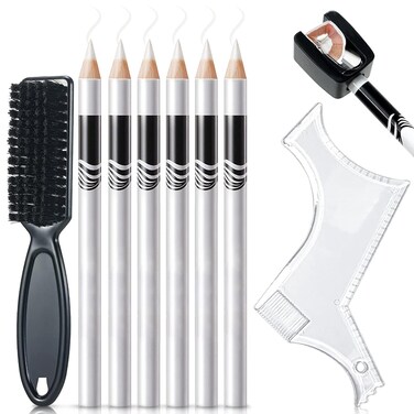 8 Pieces White Barber Pencil Set Edge Hairline Razor Trace Pencils Beard Guide Beard Hairline Outliner and Beard Shaping Pencils(6pcs Barber Pencils with Built-in Sharpener,Brush and Ruler)