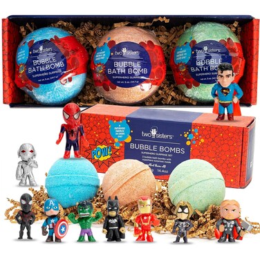 Superhero Bath Bombs for Kids with Surprise Toys Inside (3 Pack) - Large Bubble Bomb for Boys &amp; Girls - Fizzies, Relaxing Aromas, Made in USA, Skin-Safe, Stain-Free by Two Sisters