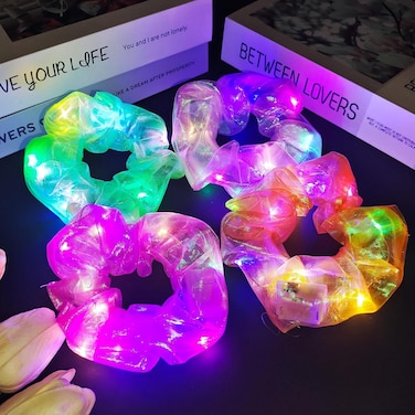 4 Pcs Light Up Mermaid Scrunchies, LED Hair Scrunchy for Girl &amp; Women, Multi Light Modes, Glow in the Dark Accessories for Rave Neon Slumber Party(Light pink, Green, Magenta, Orange)