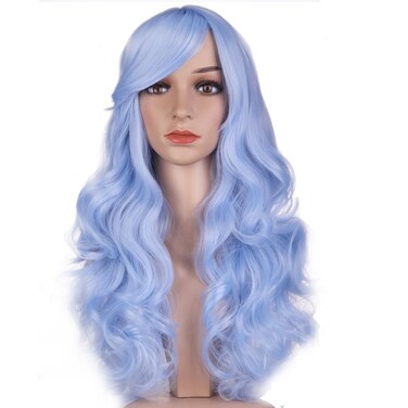 RightOn Light Blue Wig Long Curly Wig with Bangs Blue Wigs for Women Light Blue Wigs Long Wavy Blue Wig with Wig Cap