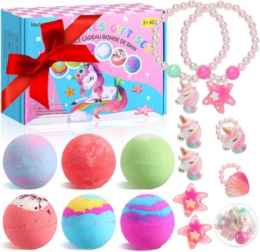MeCids Bath Bombs for Kids with Surprise Jewelry Inside 6 Pack Bubble Bath Fizzy Balls, Unicorn Gift for Girl Age 4-12 for Birthday, Halloween, Christmas, Valentine&rsquo;s Day