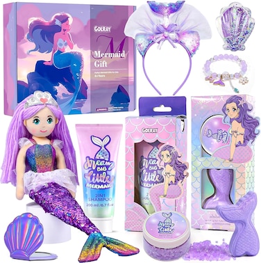 Golray Mermaid Gift for Girls Bath Set Kids Beauty Care Spa Kit with Shampoo/ Bath Bomb Salt/ Mermaid Doll/ Mirror/ Brush, Mermaid Toys Kids Teenage Christmas Birthday Gift for Teen Girl 6 7 8 9 10-12