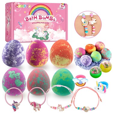 Bath Bombs for Kids with Surprise Inside- Valentines Gifts Dino Egg Bath Bombs for Girls, 6 Pcs Bubble Bath Bomb, Dinosaur Bathbombs Gift Set, Unicorn Jewelry for Girls, Birthday Gifts