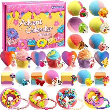 Bath Bombs Advent Calendar 2024 Kids with Surprise Toys Inside 24 Days of Christmas Countdown Calendar Donut Cupcake Scented Bath Bombs Set Spa Birthday Christmas Gifts for Kids Girls