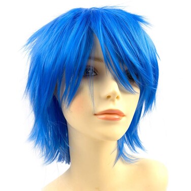 Modernfairy Anime Halloween Wig Blue for Cosplay Party, Synthetic Layered Short Hair Wigs with Bangs, Pastel Wigs for Women Men