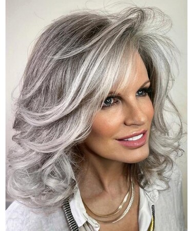 XIUFAXIRUSI XIUFAXIRUSI Medium Grey Wavy Bob Wigs for Women Gray to White Layered Wig Old Lady Synthetic Wig for Daily Party Costume Halloween Use