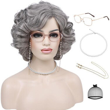 G&amp;T Wig Grey Wigs for Old Lady Costume Grandma Wig 100 Days of School Granny Wig For Old Women&rsquo;s Cosplay Party Halloween Use (5pcs Set)
