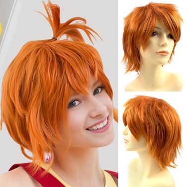 Rose bud Anime Halloween Wig Dark Orange for Cosplay Party, Synthetic Layered Short Hair Wigs with Bangs, Pastel Wigs for Women Men Kids