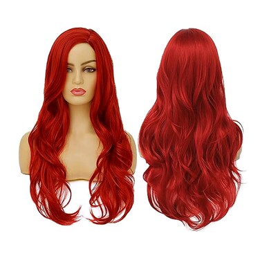 Swiking Red Wavy Wigs for Women Cury Wave Bright Red Side Part Synthetic Wigs for Halloween Cosplay Costume Use