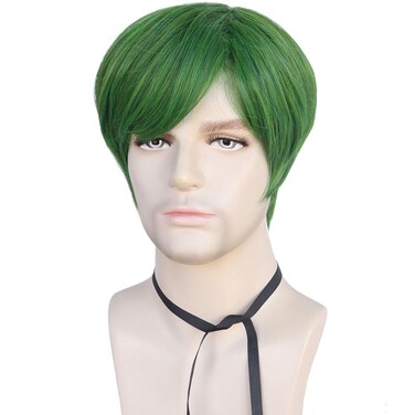 Mens Green Wig Short Straight Green Boys Anime Wig Heat Resistant Synthetic Hair for Halloween Cosplay
