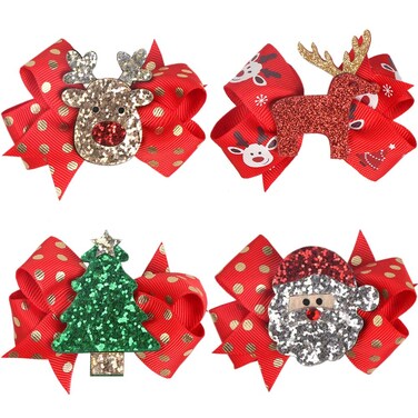 Christmas Bow Hair Clips Bowknot Barrettes Women Sequins Headband Santa Reindeer Elk Xmas Tree Hats Penguin Hair Band Headpiece Holiday Party Decoration Cosplay Costume Cute Hair Accessories 4 Pack
