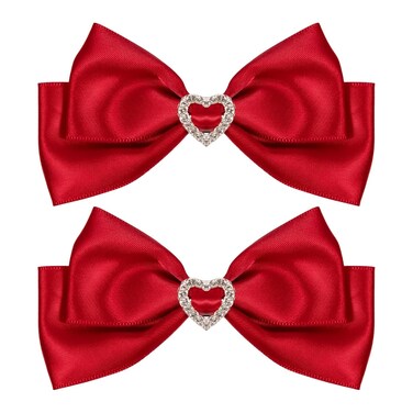 Red Satin Hair Bow Clips, Christmas Valentine School Hairpins with Heart Rhinestones,Handmade Bowknot Hair Accessories for Kids Girls New Year Decor